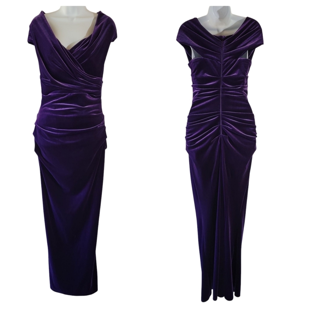 TALBOT RUNHOF Lavender Burn Out Velvet Ruched Pleated Evening Gown Sz 8 Luxury